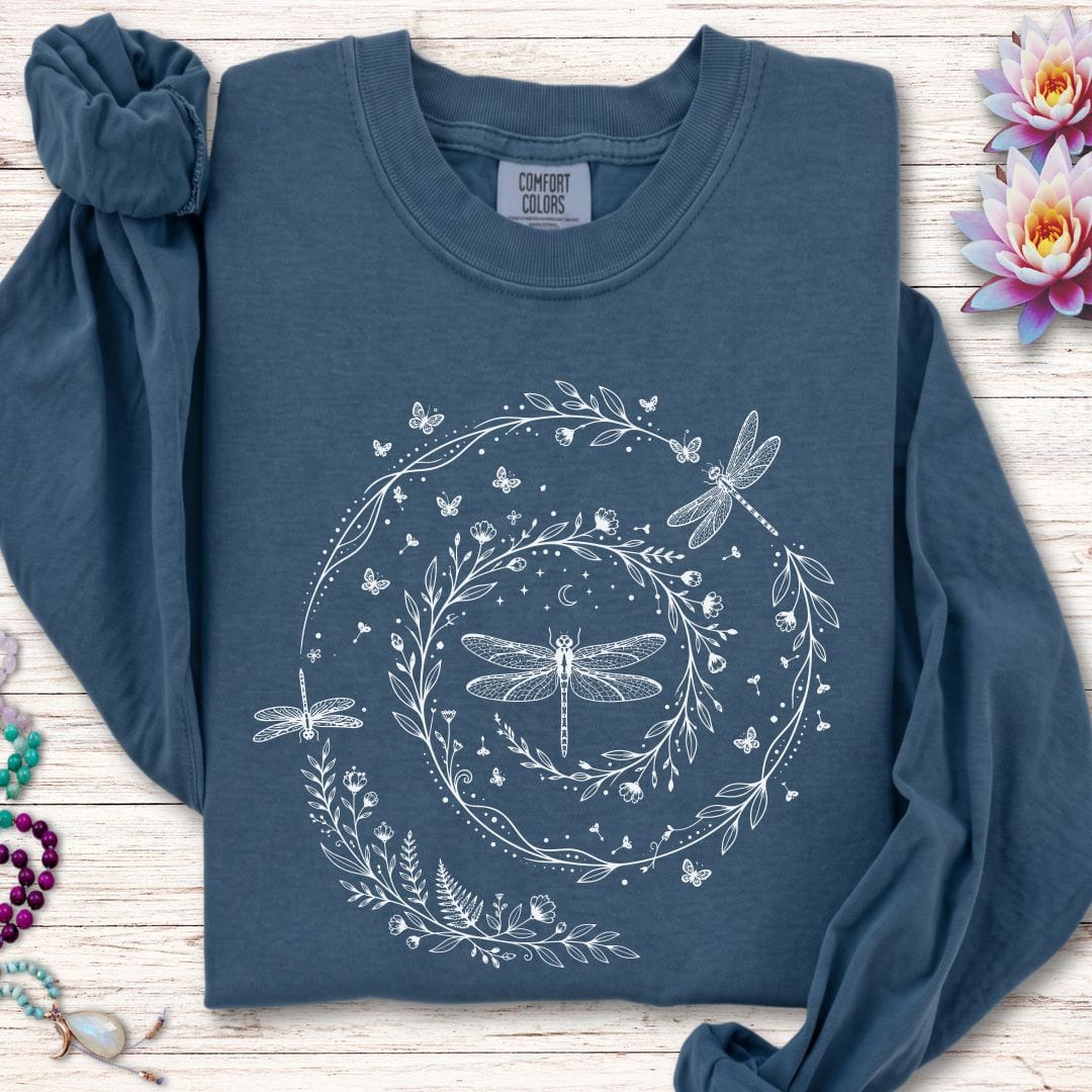 Printify Long-sleeve Dragonfly Spiral Long Sleeve Tee Midnight / S