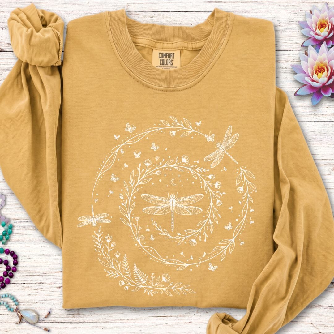 Printify Long-sleeve Dragonfly Spiral Long Sleeve Tee Mustard / S
