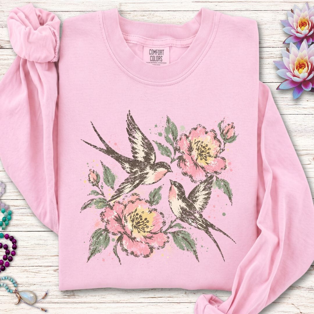 Faded Folk Sparrows Long Sleeve Tee Blossom