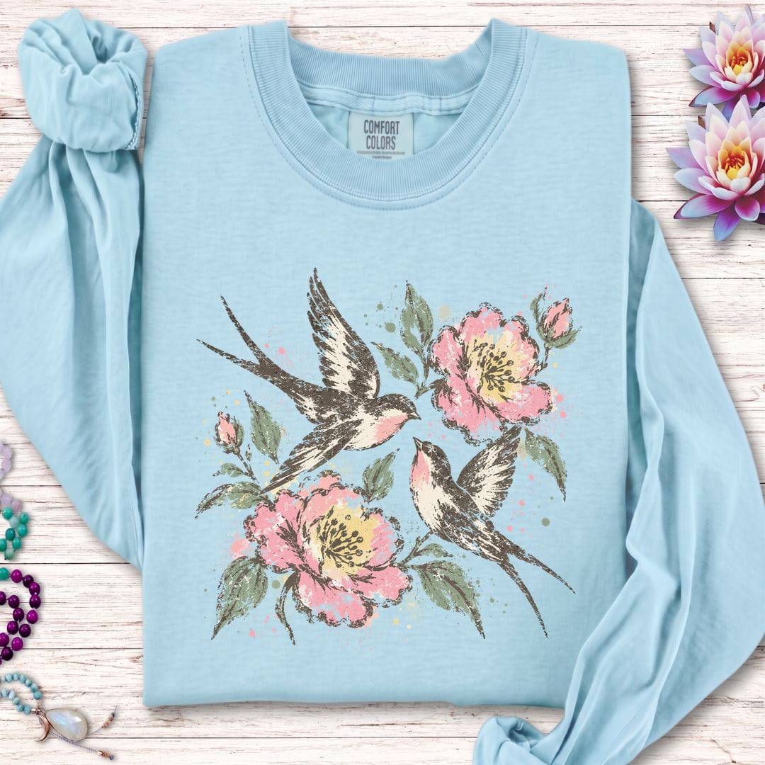 Faded Folk Sparrows Long Sleeve Tee Chambray