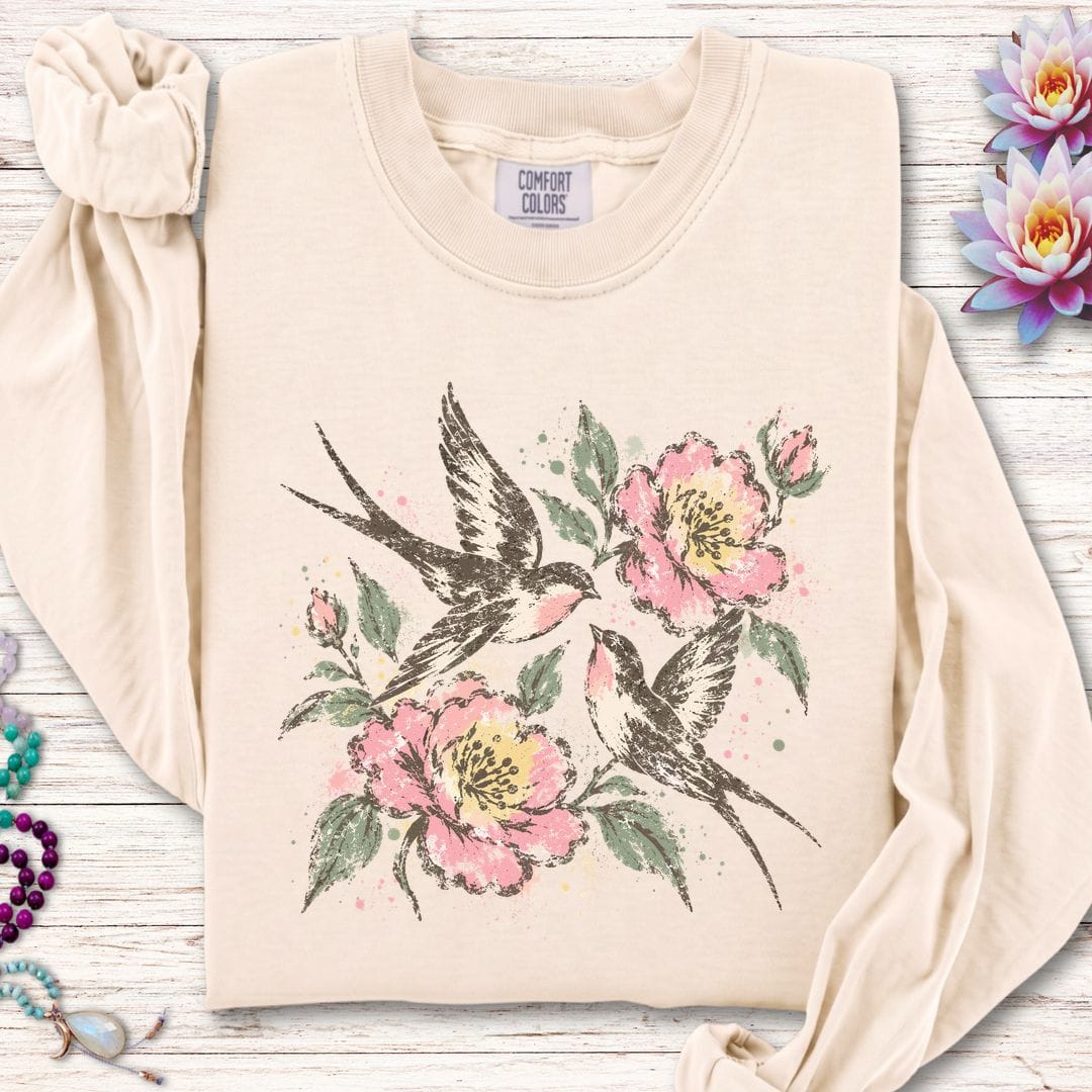 Faded Folk Sparrows Long Sleeve Tee Ivory