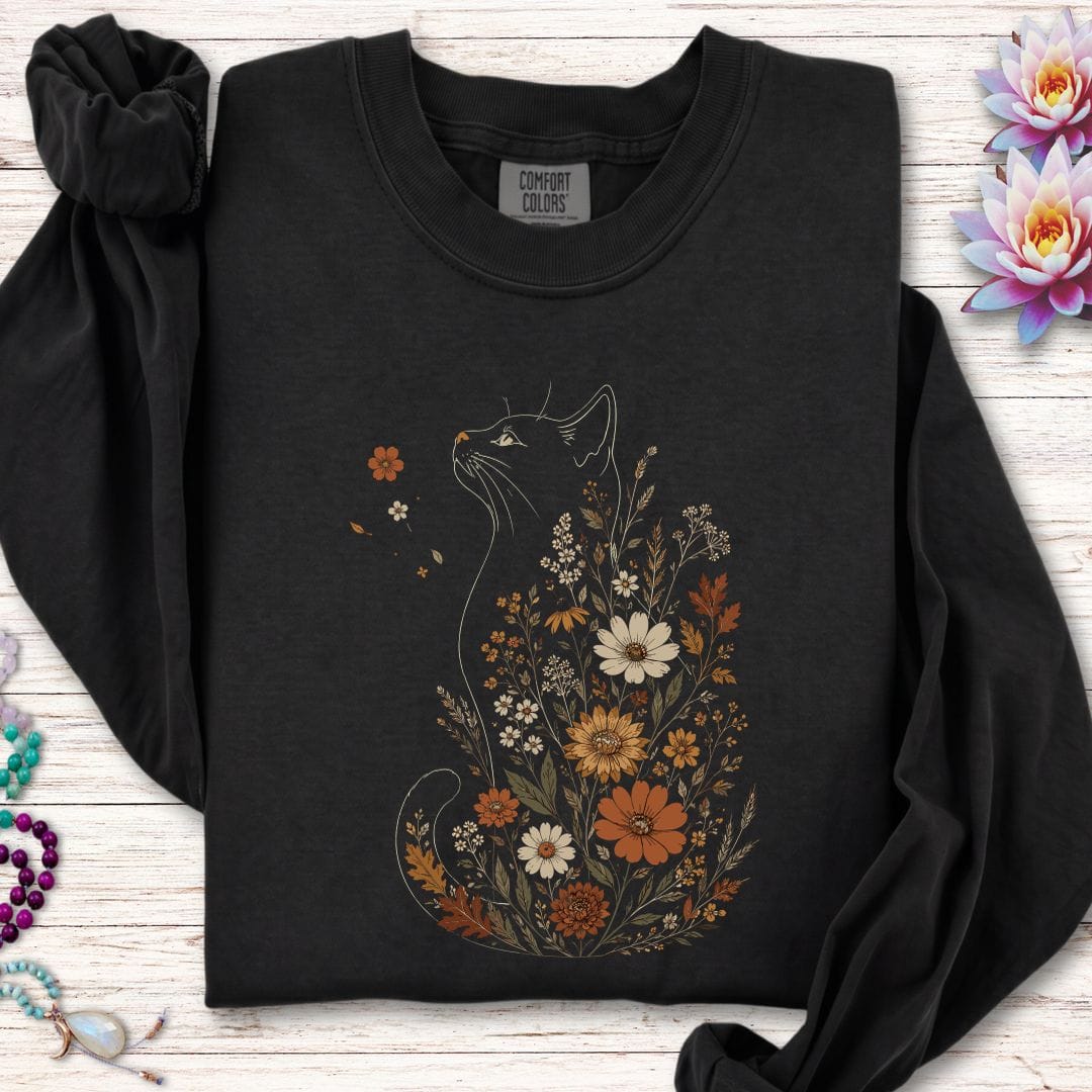 Printify Long-sleeve Fall Floral Cat Long Sleeve Tee Black / S