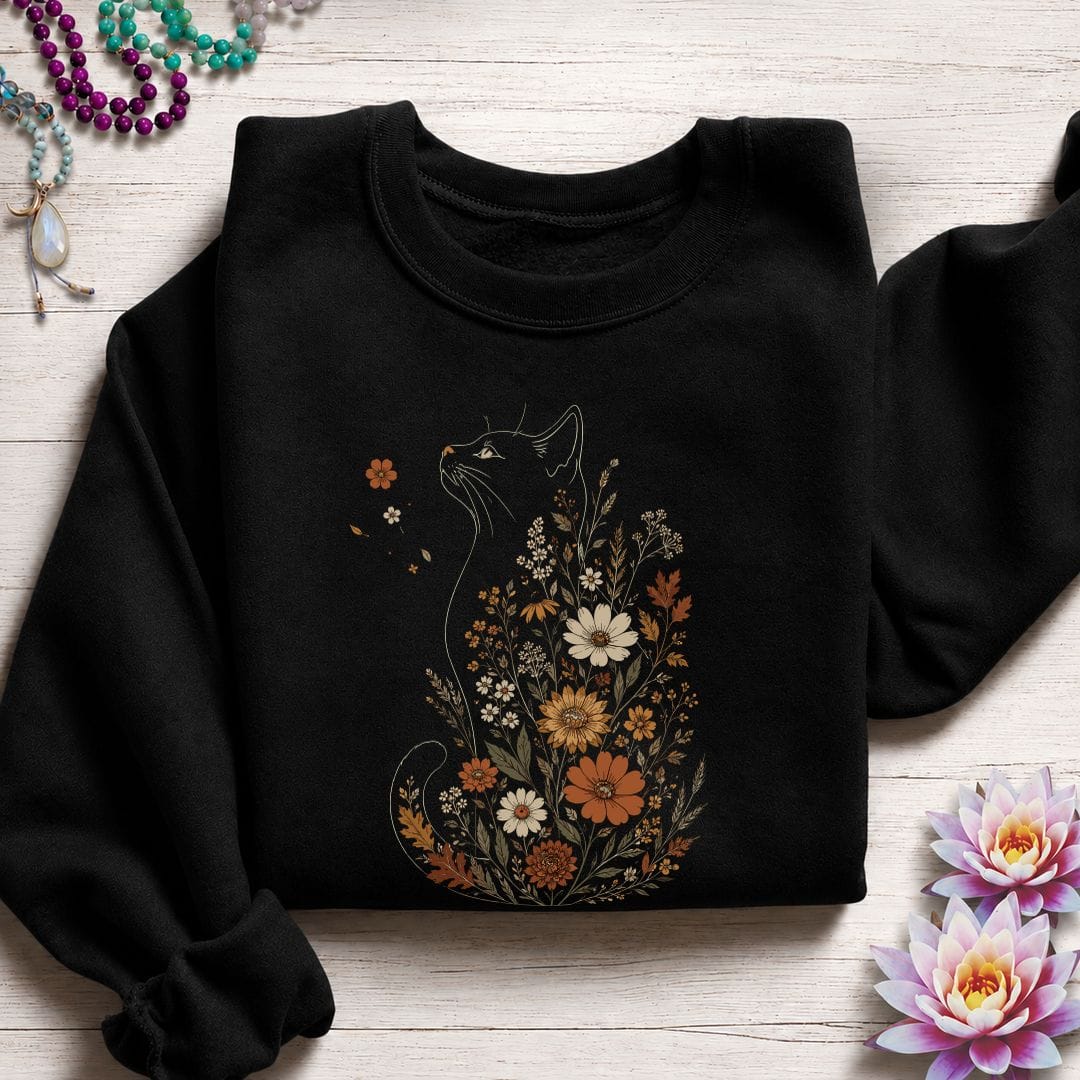 Printify Sweatshirt Fall Floral Cat Sweatshirt Black / S