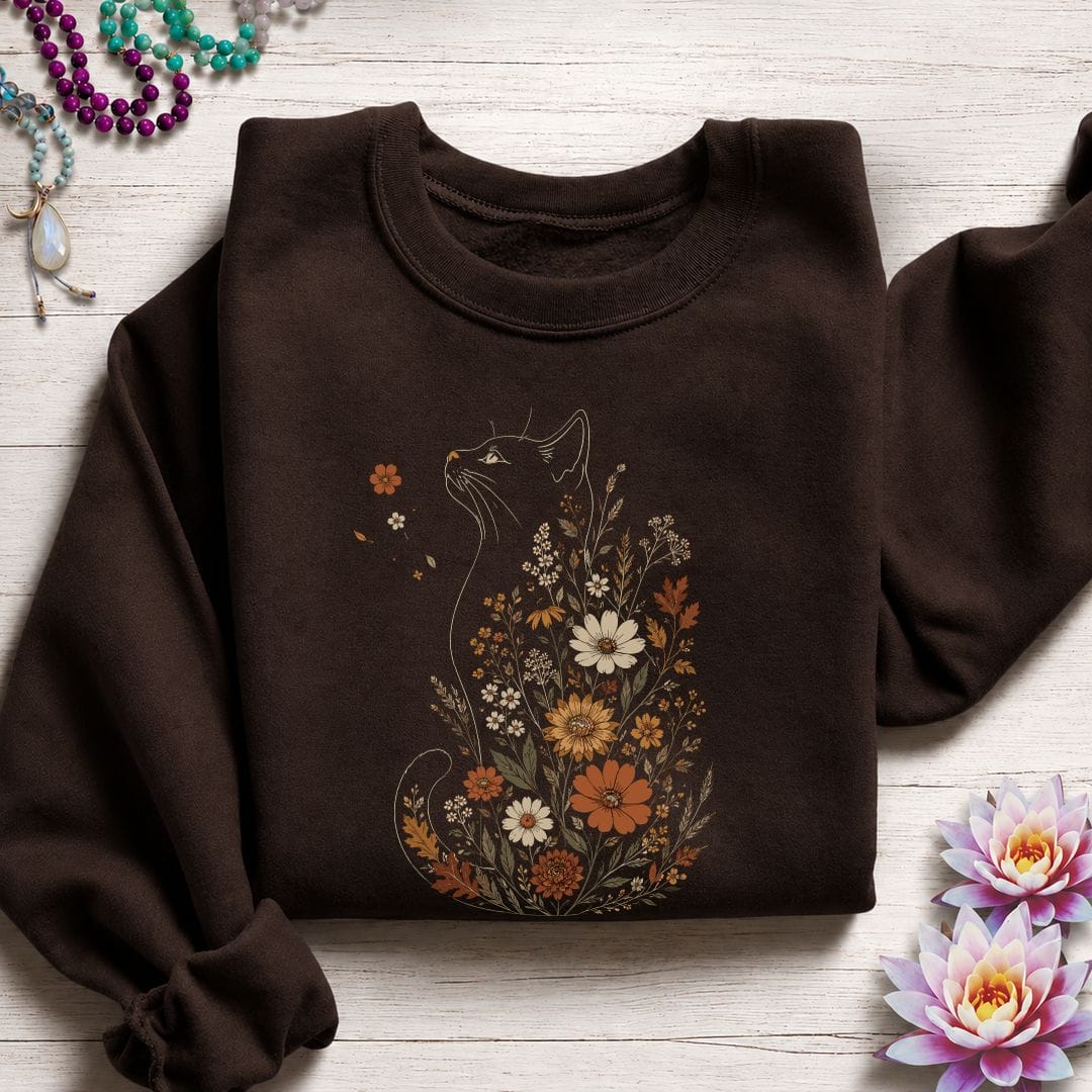 Printify Sweatshirt Fall Floral Cat Sweatshirt Dark Chocolate / S