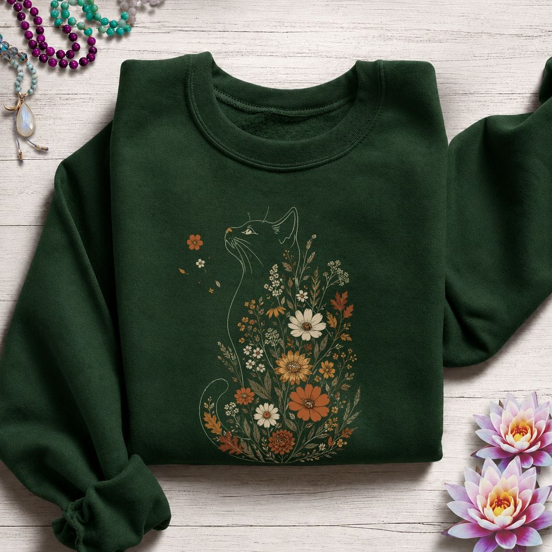Printify Sweatshirt Fall Floral Cat Sweatshirt Forest Green / S