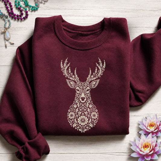 Fall Floral Deer Sweatshirt Maroon
