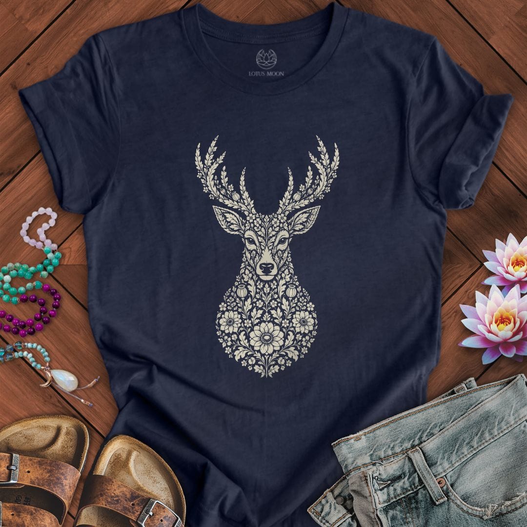 Fall Floral Deer Tee Heather Midnight Navy