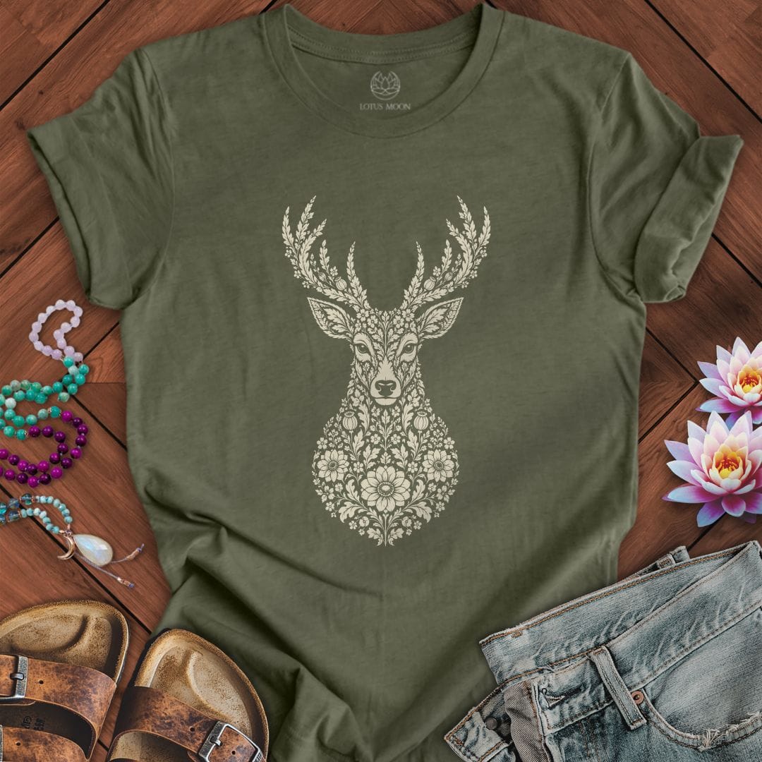 Fall Floral Deer Tee Heather Military Green