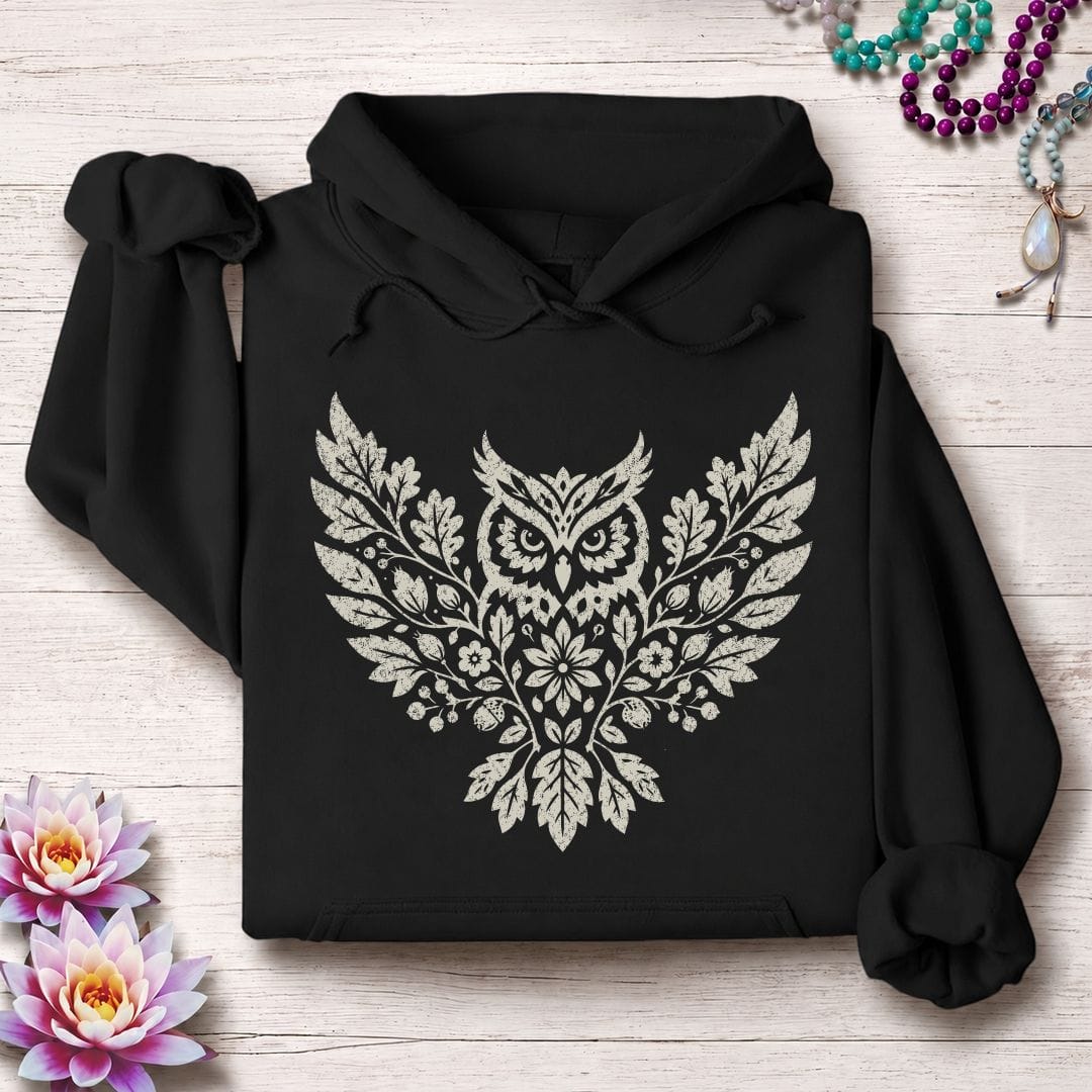 Printify Hoodie Fall Floral Owl Hoodie Black / S