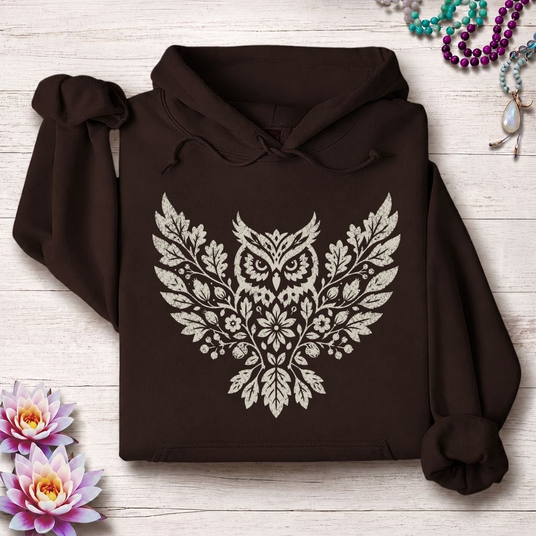 Printify Hoodie Fall Floral Owl Hoodie Dark Chocolate / S