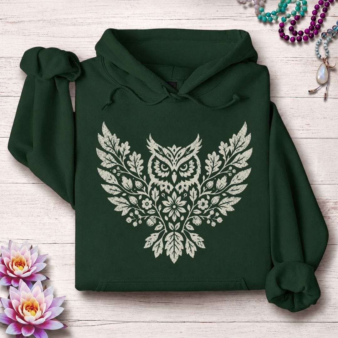Printify Hoodie Fall Floral Owl Hoodie Forest Green / S