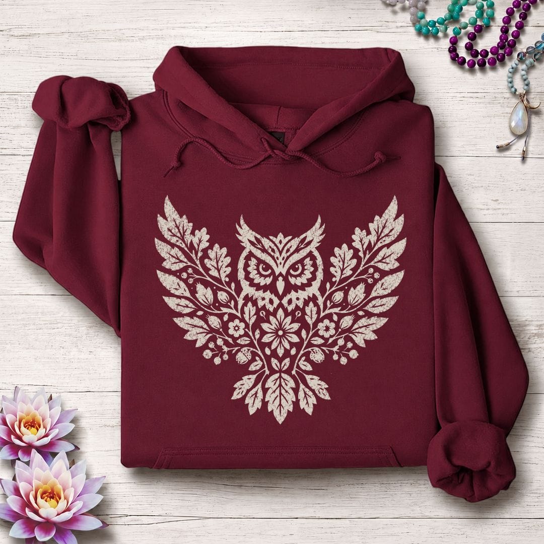 Printify Hoodie Fall Floral Owl Hoodie Maroon / S