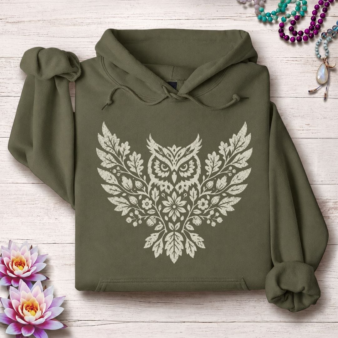 Printify Hoodie Fall Floral Owl Hoodie Military Green / S