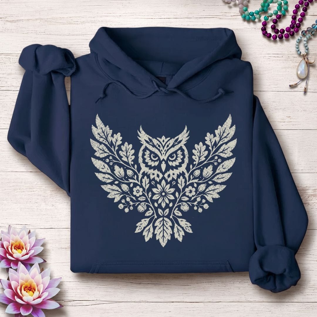 Printify Hoodie Fall Floral Owl Hoodie Navy / S