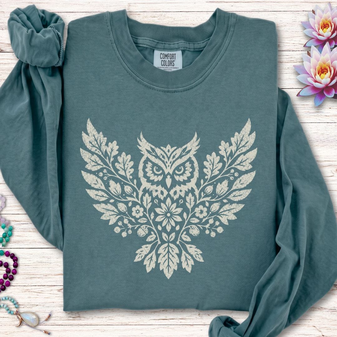 Fall Floral Owl Long Sleeve Tee Blue Spruce