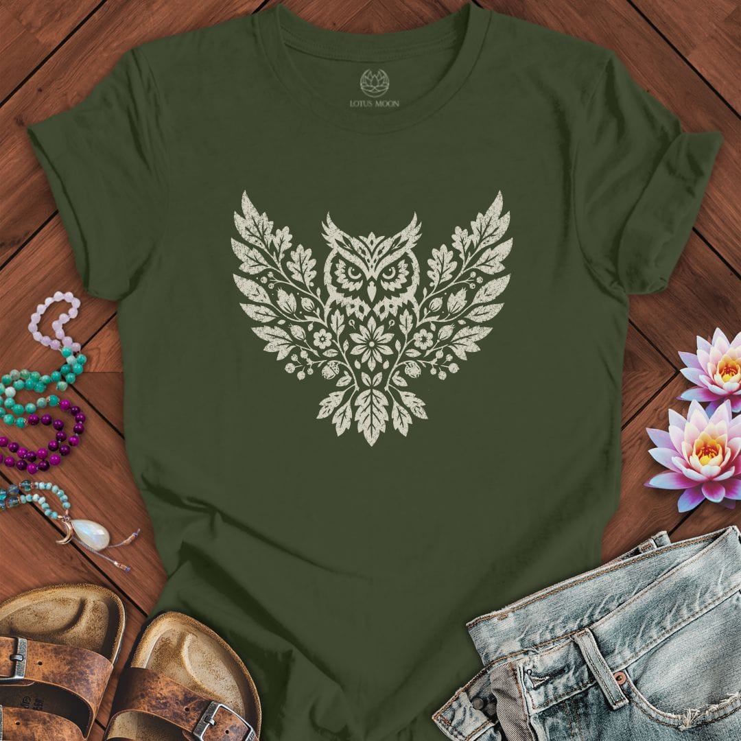 Fall Floral Owl Tee Military Green