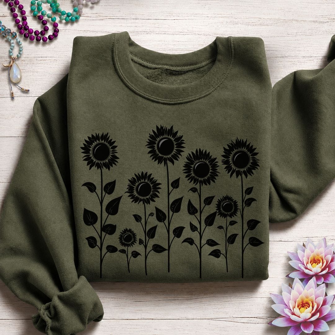 Printify Sweatshirt Fall Sunflowers Sweatshirt Military Green / S