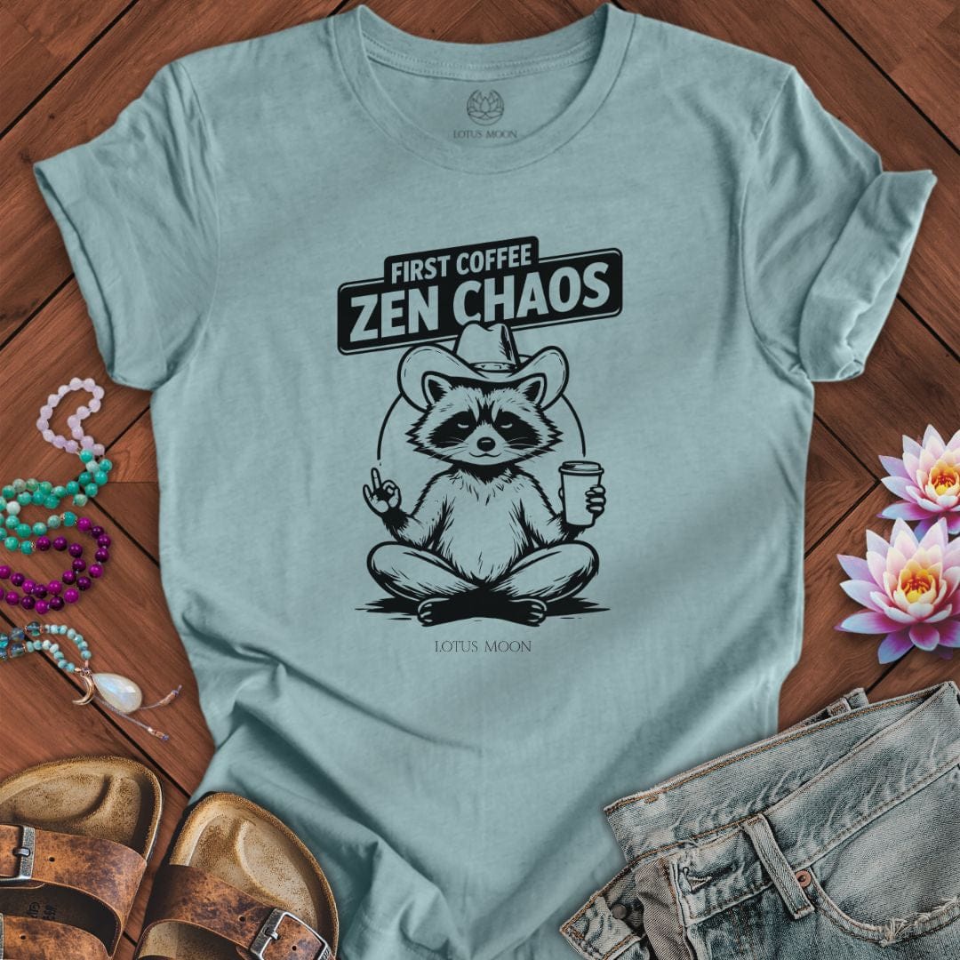 First Coffee Zen Chaos Tee Heather Blue Lagoon