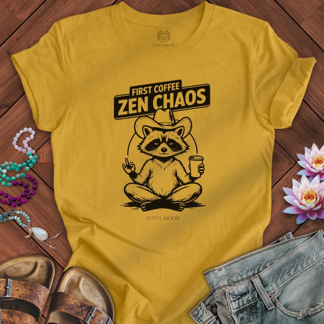 First Coffee Zen Chaos Tee Heather Mustard