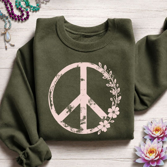 Floral Classic Peace Sweatshirt Military Green