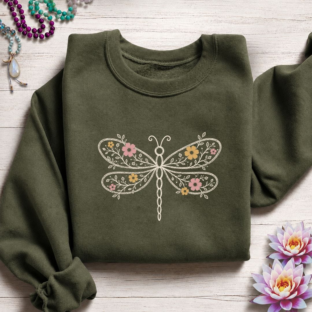 Floral Dragonfly Sweatshirt Military Green