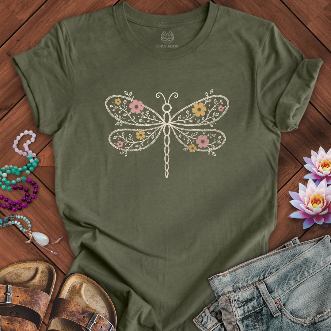 Printify T-Shirt Floral Dragonfly Tee Heather Military Green / S