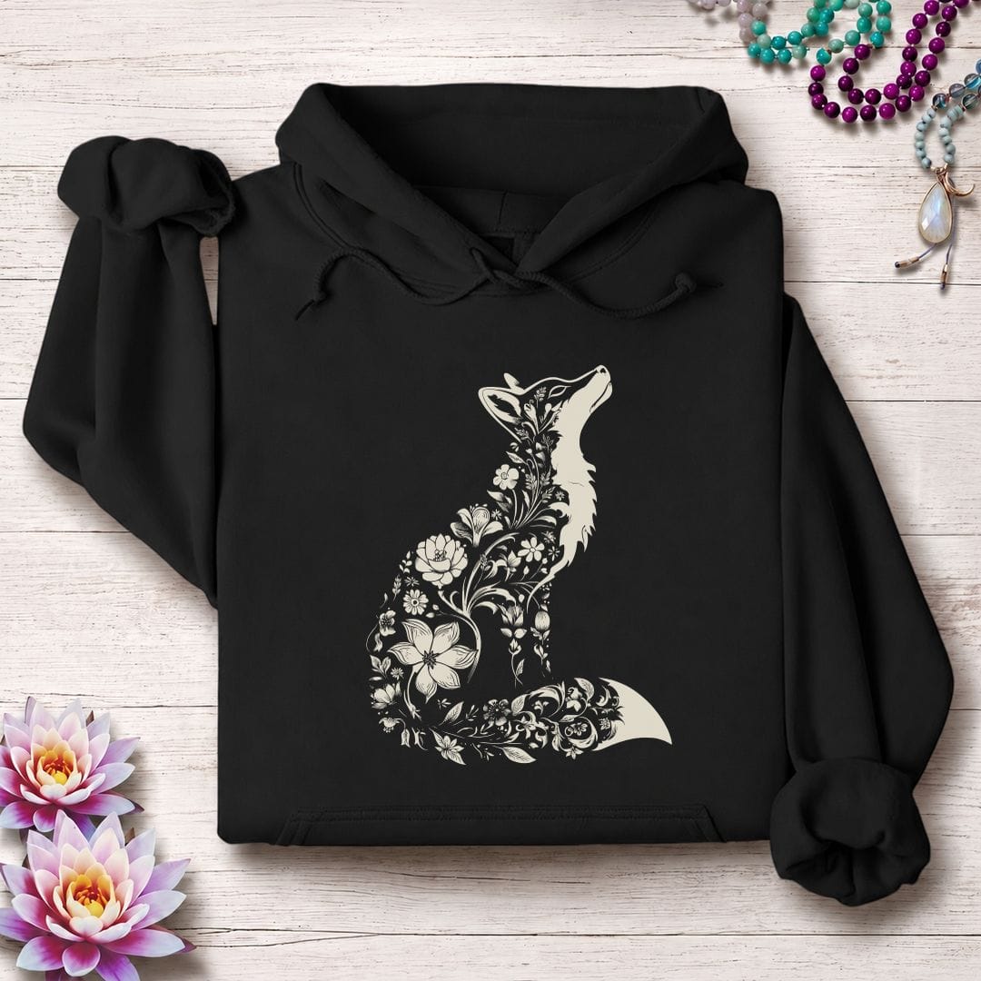 Printify Hoodie Floral Fox Hoodie Black / S