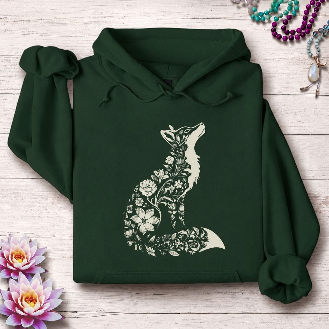 Printify Hoodie Floral Fox Hoodie Forest Green / S