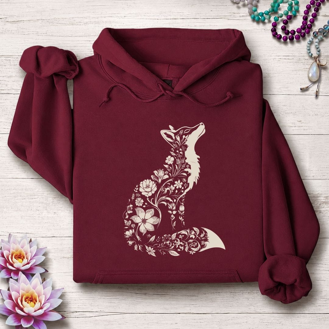 Printify Hoodie Floral Fox Hoodie Maroon / S