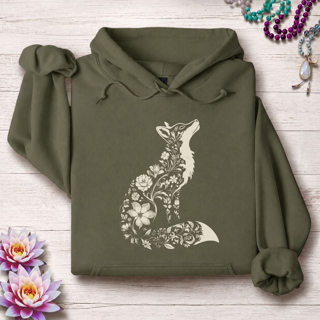 Printify Hoodie Floral Fox Hoodie Military Green / S