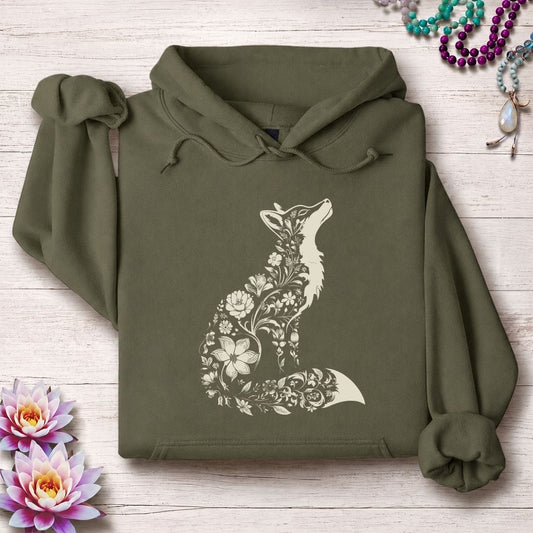 Floral Fox Hoodie Military Green