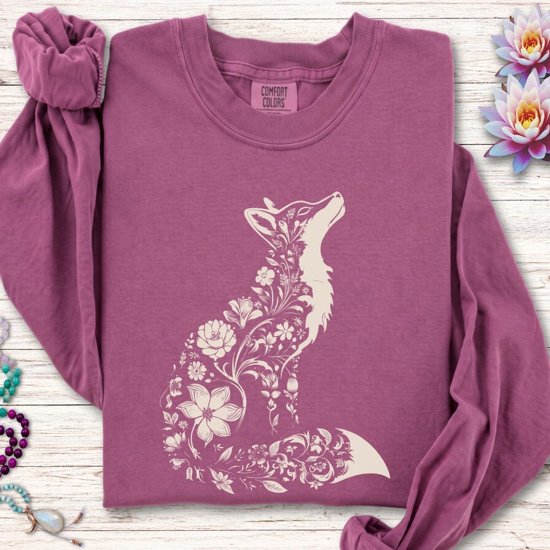 Printify Long-sleeve Floral Fox Long Sleeve Tee Berry / S