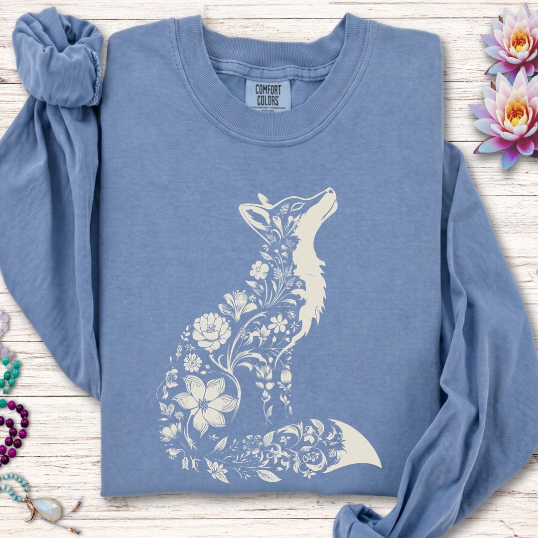 Printify Long-sleeve Floral Fox Long Sleeve Tee Blue Jean / S