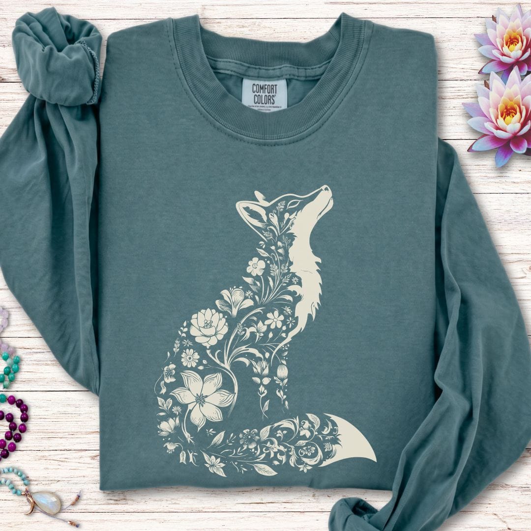Printify Long-sleeve Floral Fox Long Sleeve Tee Blue Spruce / S