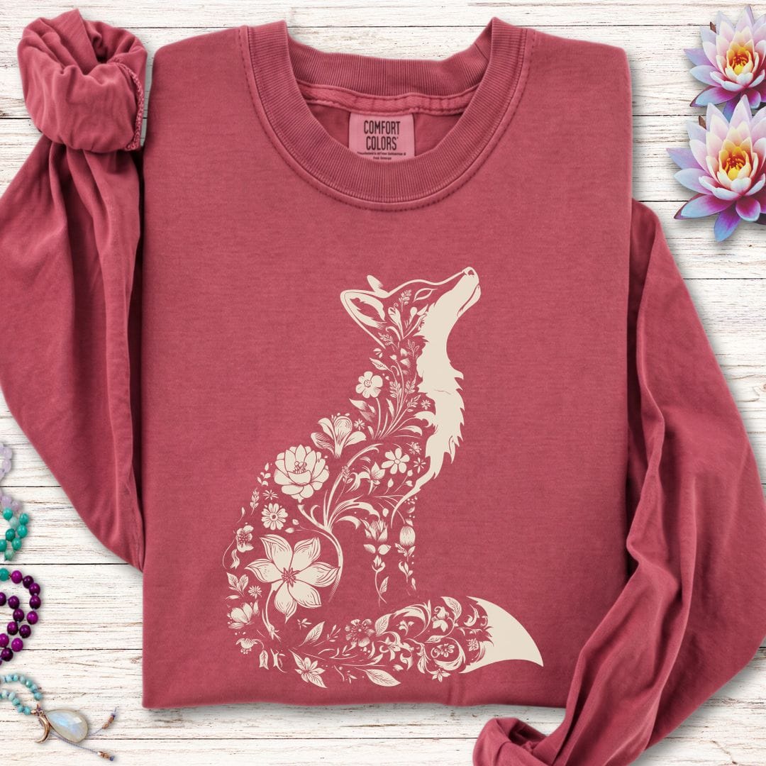Printify Long-sleeve Floral Fox Long Sleeve Tee Crimson / S