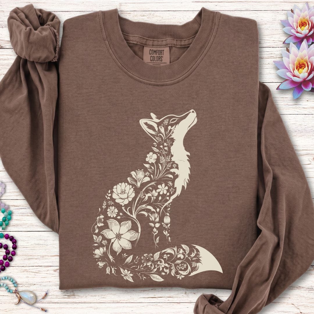Printify Long-sleeve Floral Fox Long Sleeve Tee Espresso / S