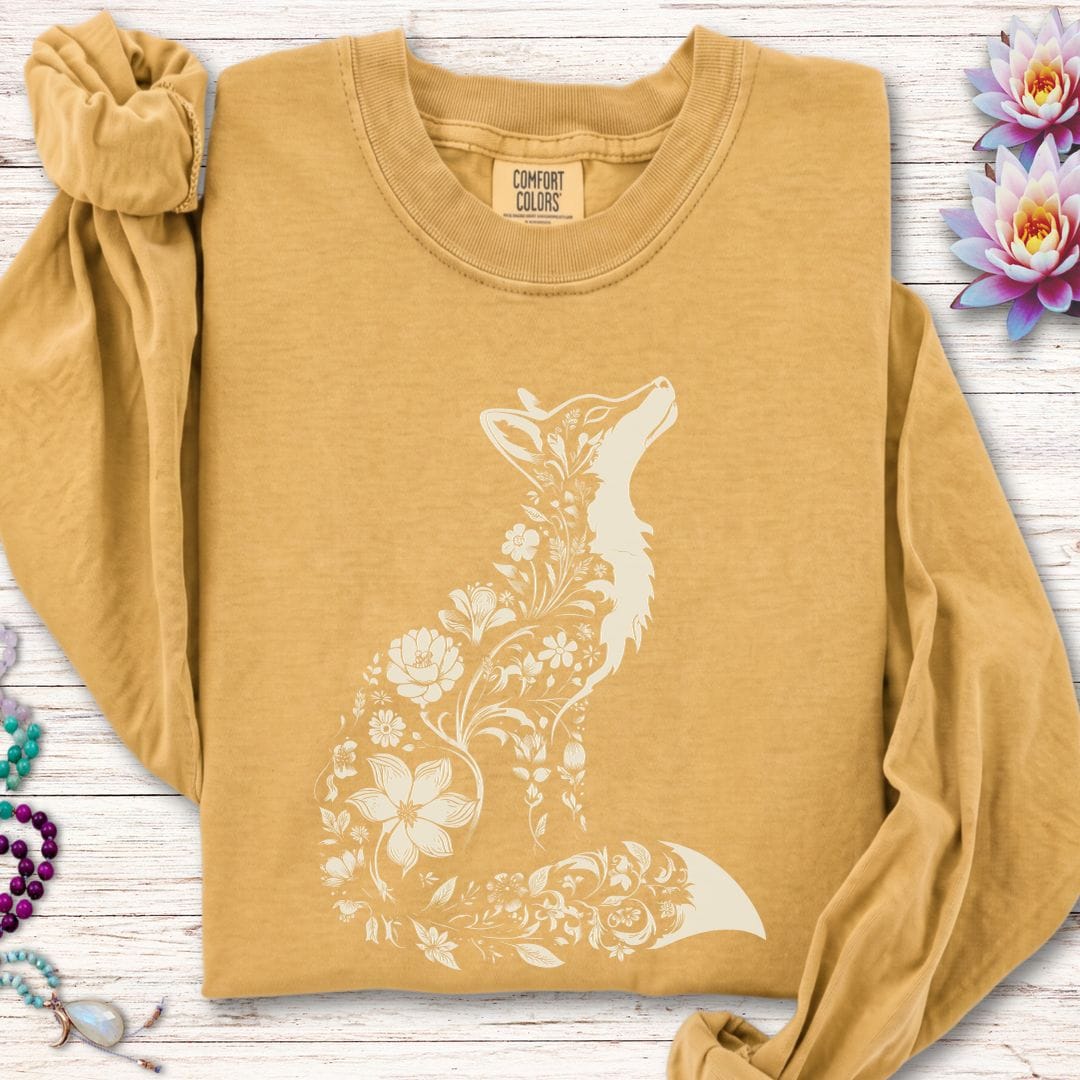 Printify Long-sleeve Floral Fox Long Sleeve Tee Mustard / S