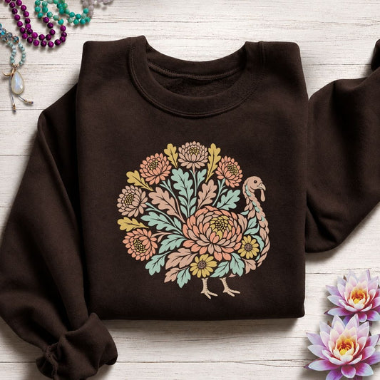 Floral Linocut Turkey Sweatshirt Dark Chocolate