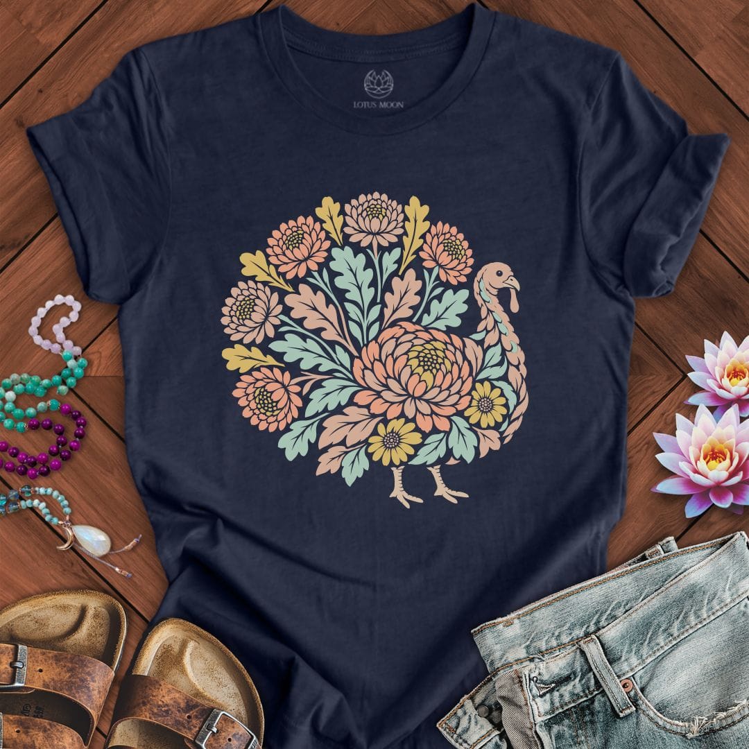 Floral Linocut Turkey Tee Heather Midnight Navy