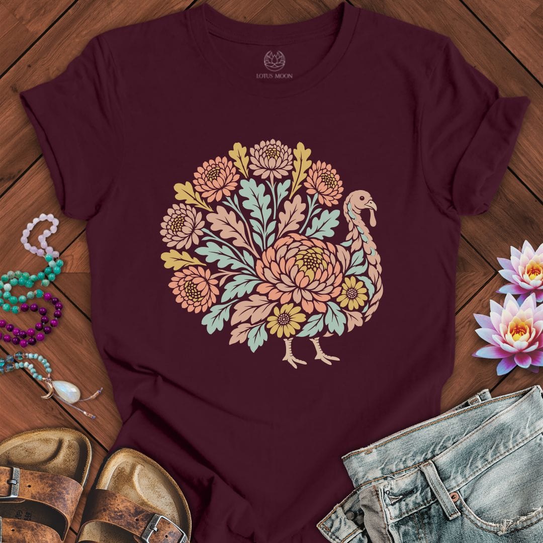 Floral Linocut Turkey Tee Maroon