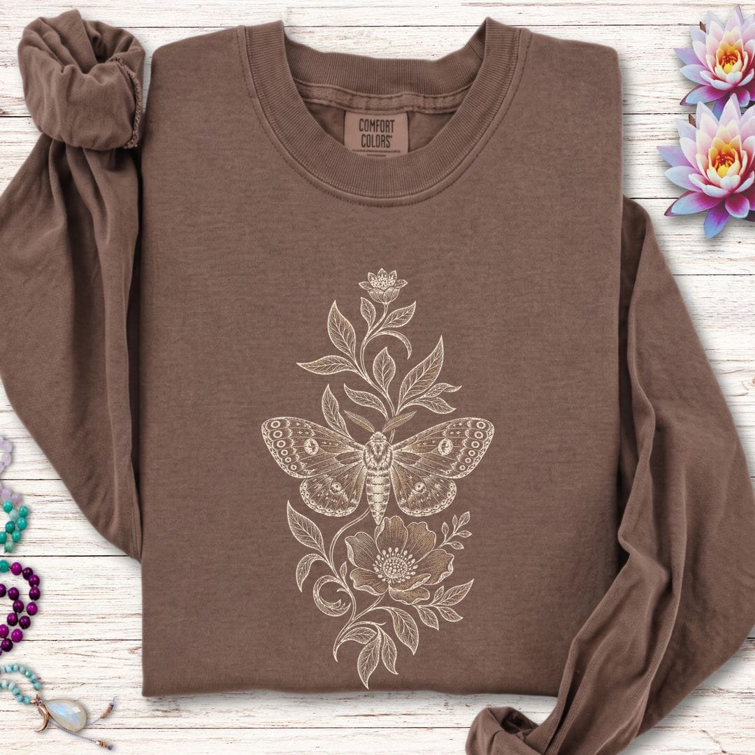 Printify Long-sleeve Floral Moth Long Sleeve Tee Espresso / S