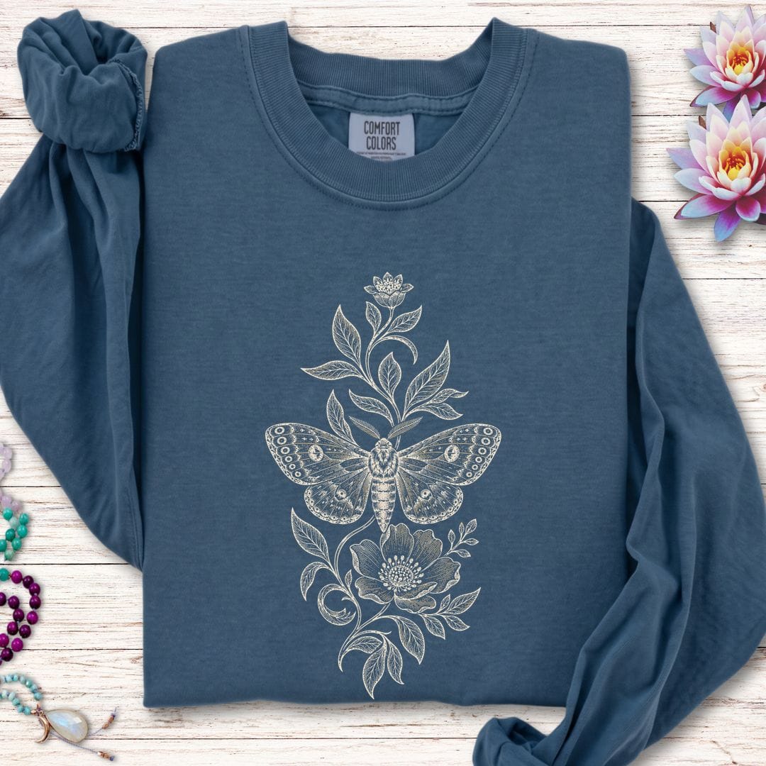 Printify Long-sleeve Floral Moth Long Sleeve Tee Midnight / S