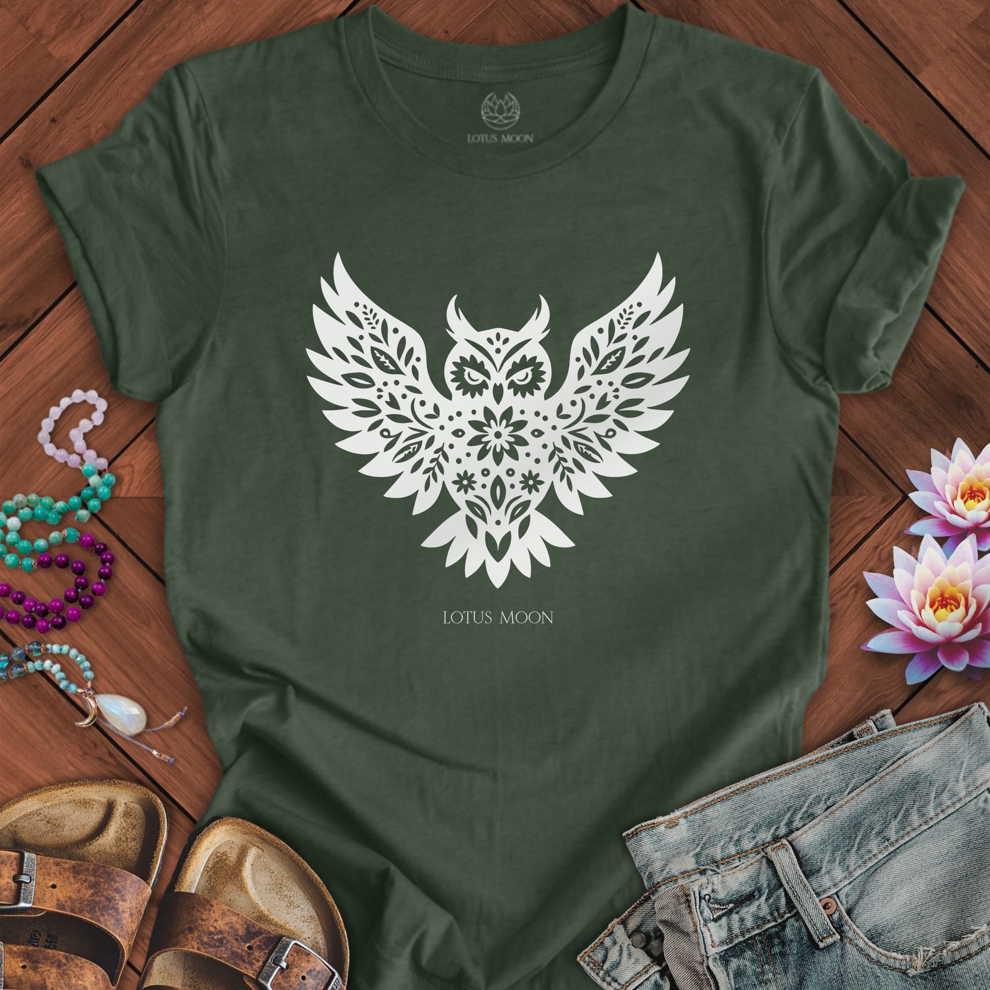 Floral Owl Tee Heather Forest
