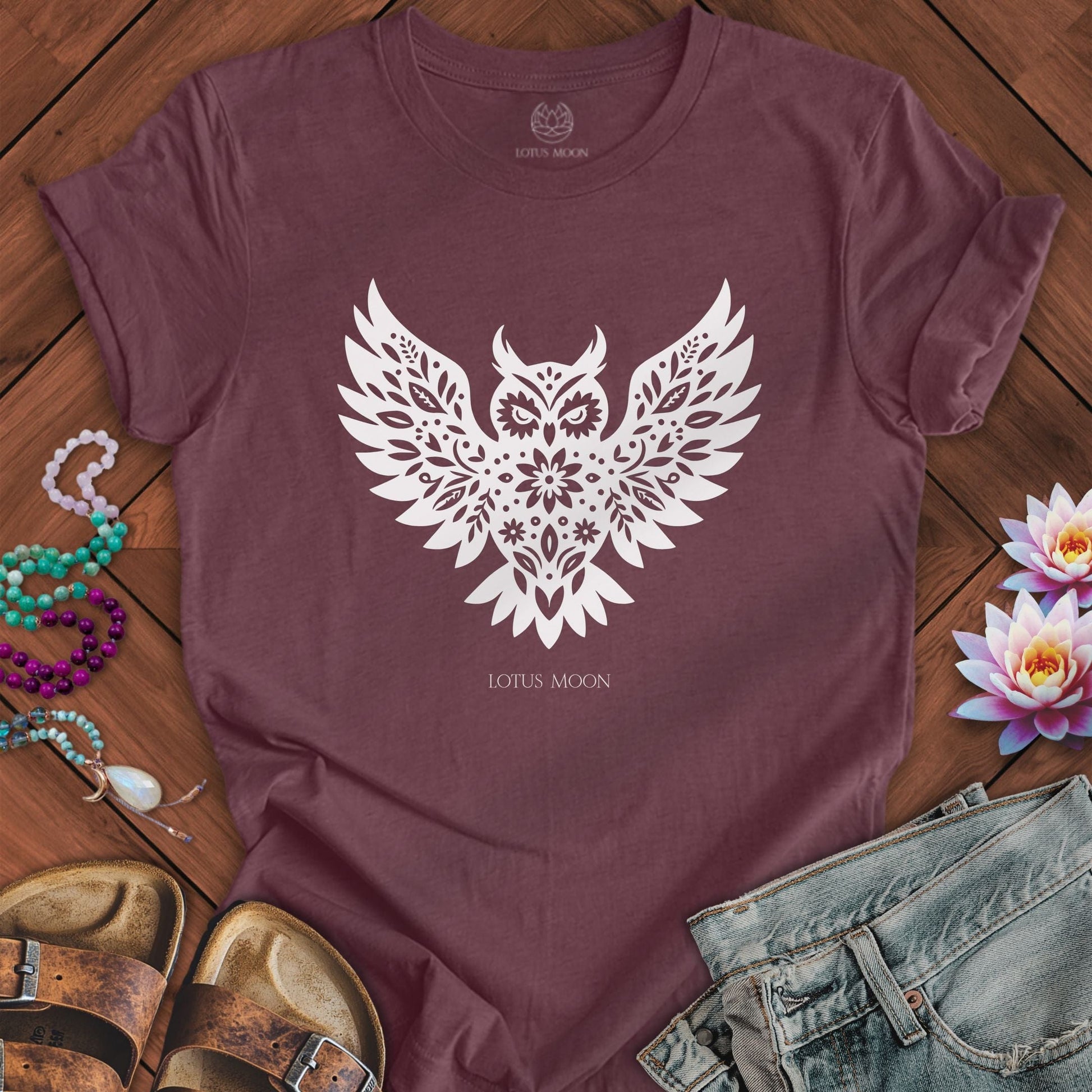 Floral Owl Tee Heather Maroon