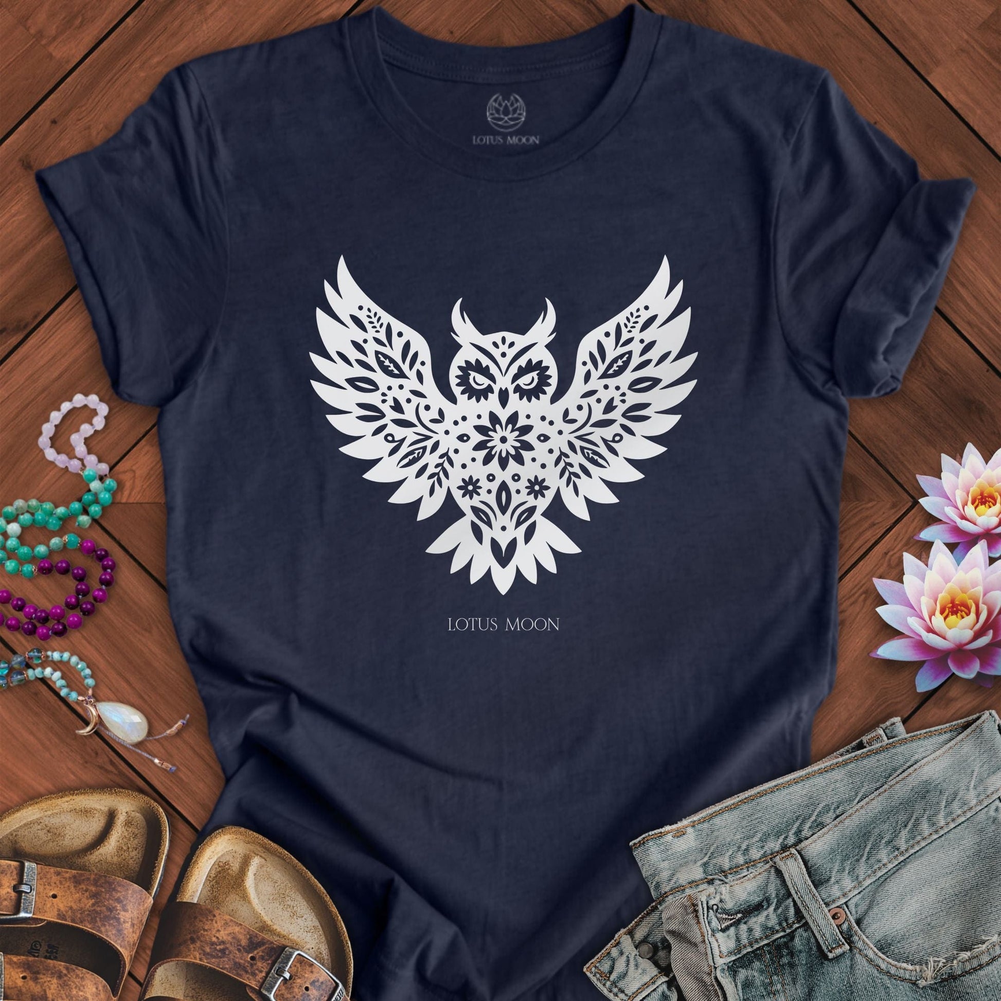 Floral Owl Tee Heather Midnight Navy