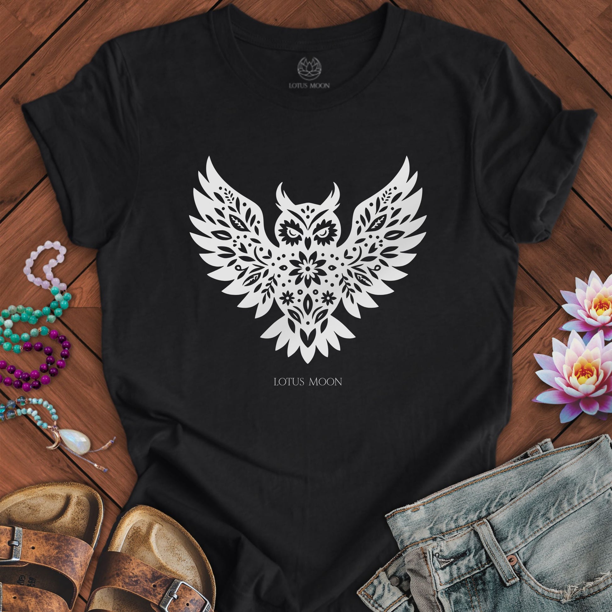 Floral Owl Tee Solid Black Blend