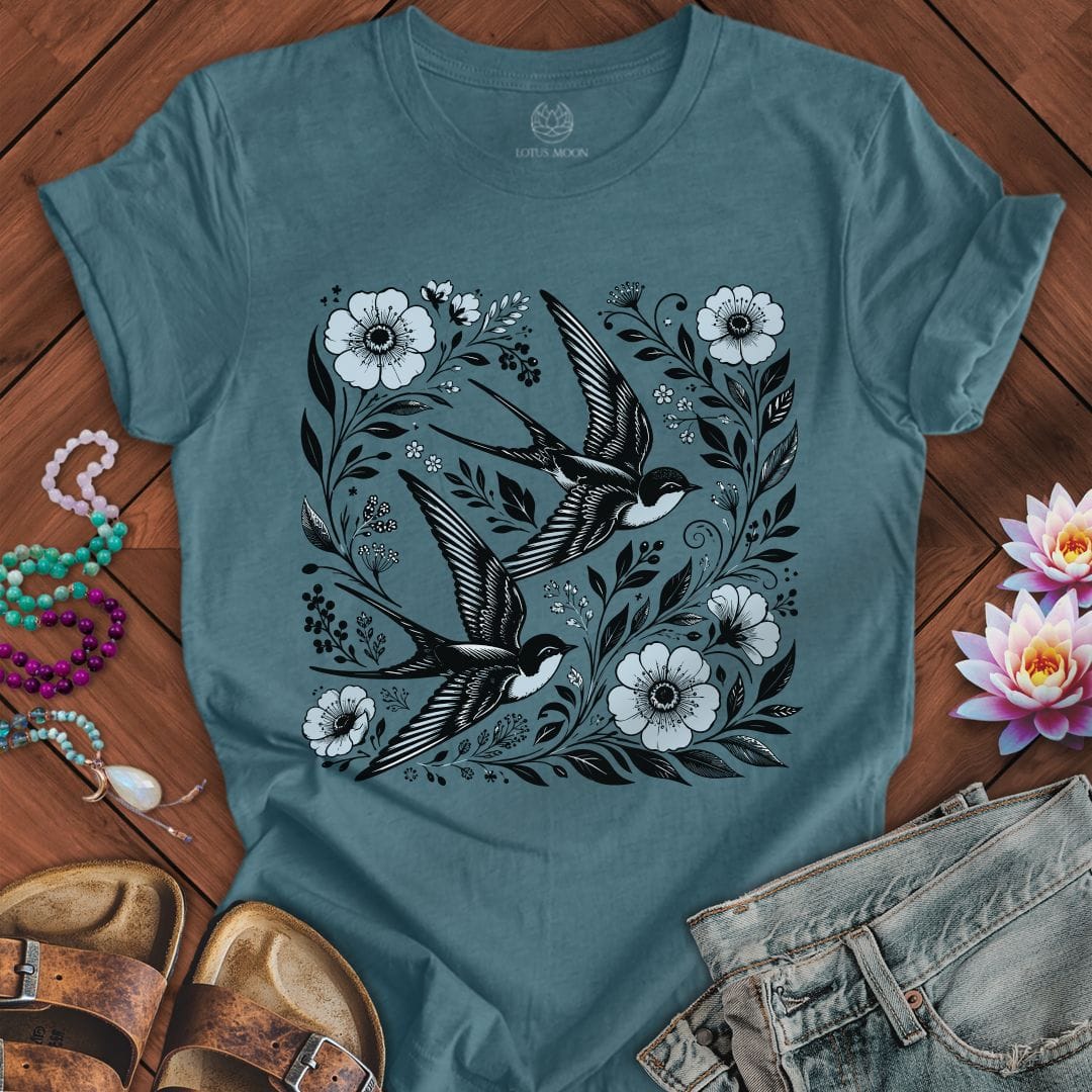 Printify T-Shirt Floral Swallows Tee Heather Blue Lagoon / S