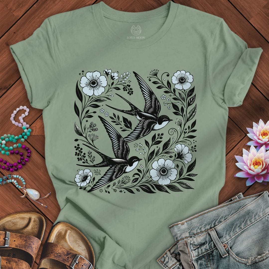 Printify T-Shirt Floral Swallows Tee Sage / S