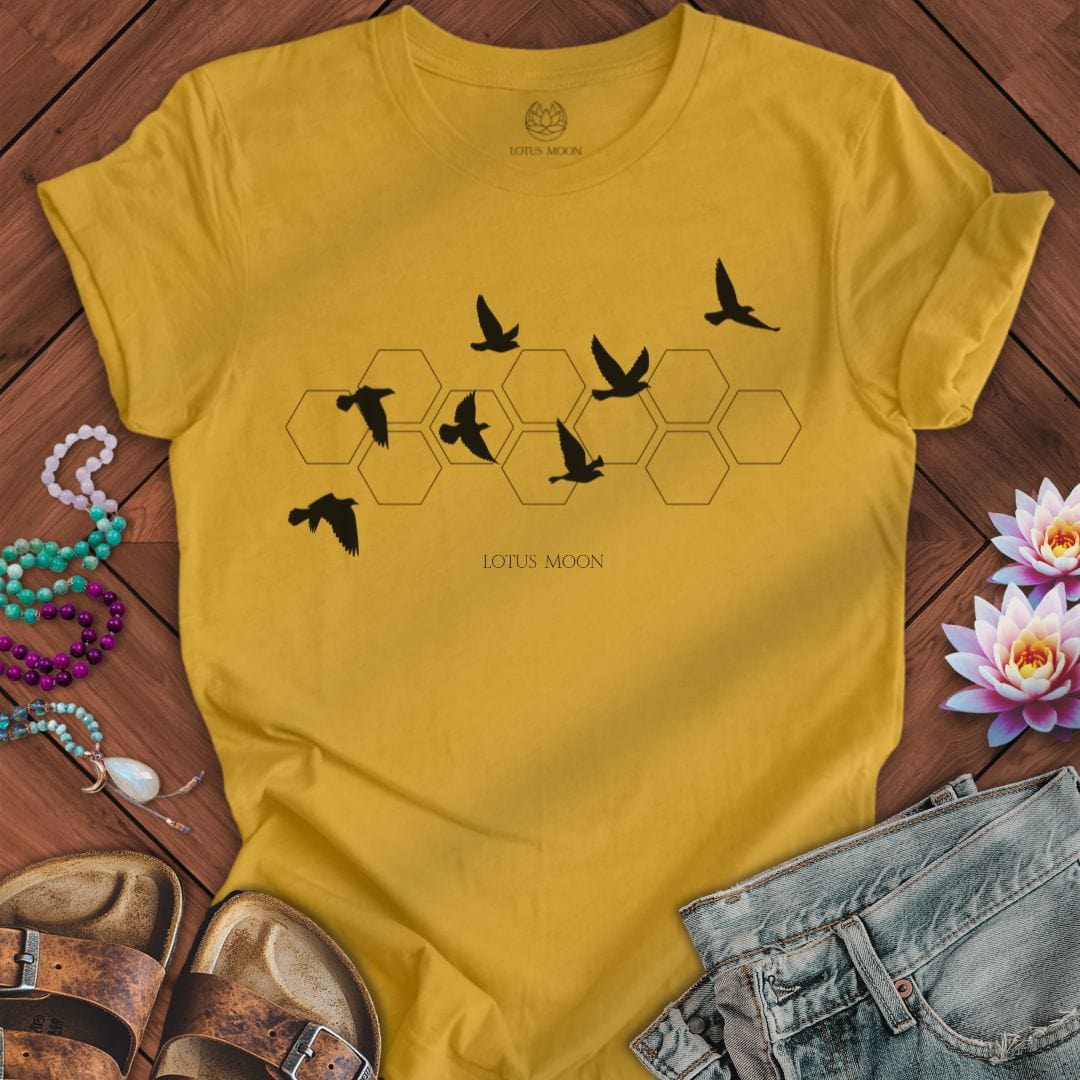 Black Flying Birds Tee Heather Mustard
