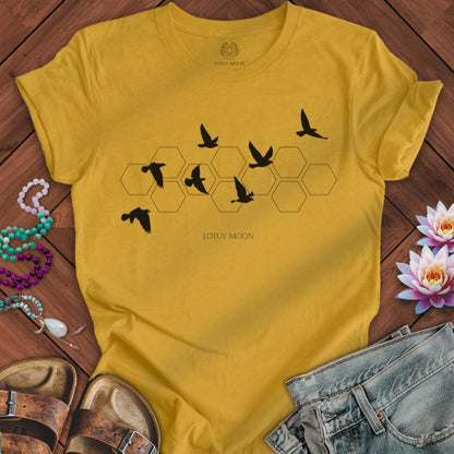 Black Flying Birds Tee Heather Mustard